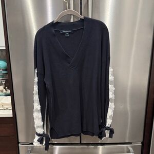 French Connection Black V-Neck Sweatshirt with White Floral Sleeves